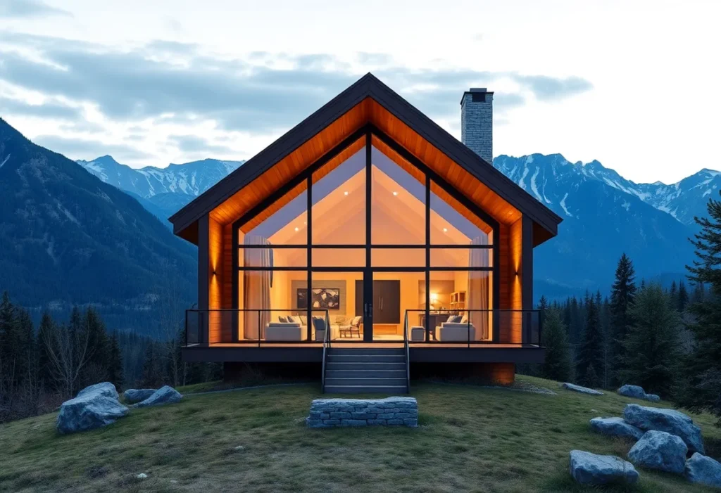 Affordable Luxury Cabins (Zidtaha bash tfilter l "Cheap" mn "Luxury") - Warm wooden textures blend with soft earthy tones, inviting tranquility and comfort amidst lush green landscapes and gentle sunlight.