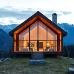 Affordable Luxury Cabins (Zidtaha bash tfilter l "Cheap" mn "Luxury") - Warm wooden textures blend with soft earthy tones, inviting tranquility and comfort amidst lush green landscapes and gentle sunlight.
