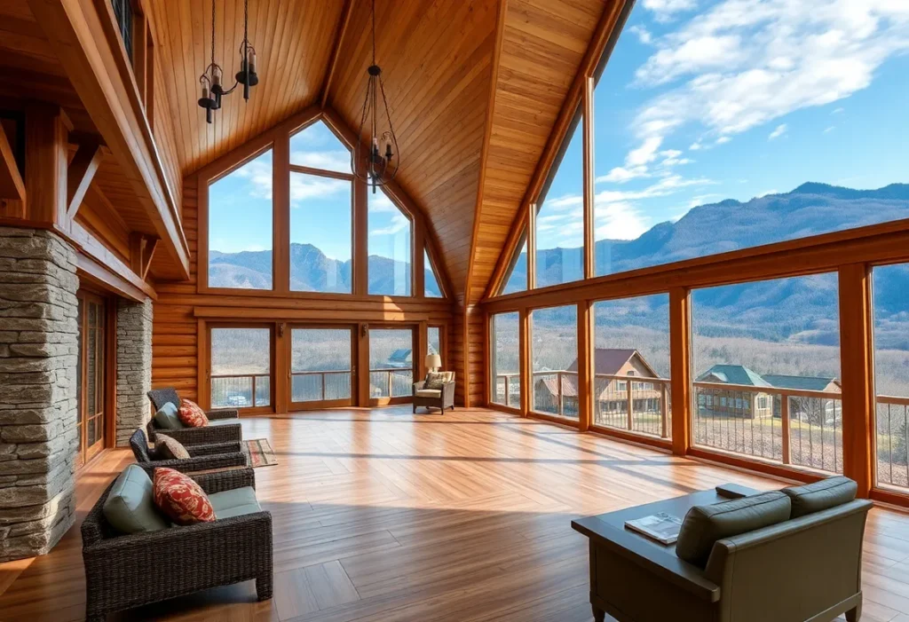 Warm wooden textures, vibrant green foliage, and serene mountain views create a peaceful retreat atmosphere in Great Smoky Mountains Cabins.