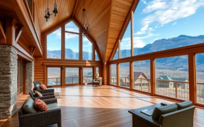 Warm wooden textures, vibrant green foliage, and serene mountain views create a peaceful retreat atmosphere in Great Smoky Mountains Cabins.
