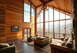 Last Minute Cabin Deals - Warm wooden textures with vibrant green foliage, cozy ambiance, and breathtaking mountain views create an inviting escape in the Smokies.