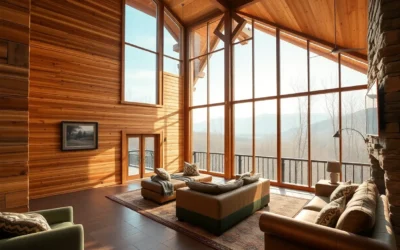 Last Minute Cabin Deals - Warm wooden textures with vibrant green foliage, cozy ambiance, and breathtaking mountain views create an inviting escape in the Smokies.