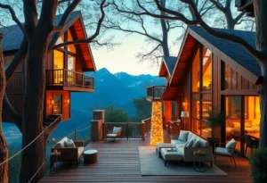 Luxury Treehouse Cabins - Warm wooden textures, soft golden light filtering through leaves, creating an intimate, serene atmosphere perfect for romantic elopements.