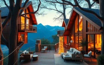 Luxury Treehouse Cabins - Warm wooden textures, soft golden light filtering through leaves, creating an intimate, serene atmosphere perfect for romantic elopements.