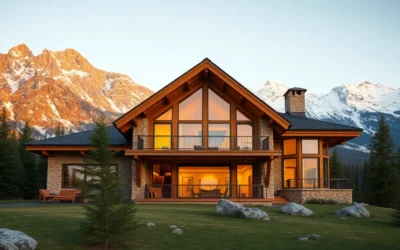 mountain log cabin - Warm wooden tones, soft glowing lights, and a serene mountain backdrop create a tranquil escape from everyday life.