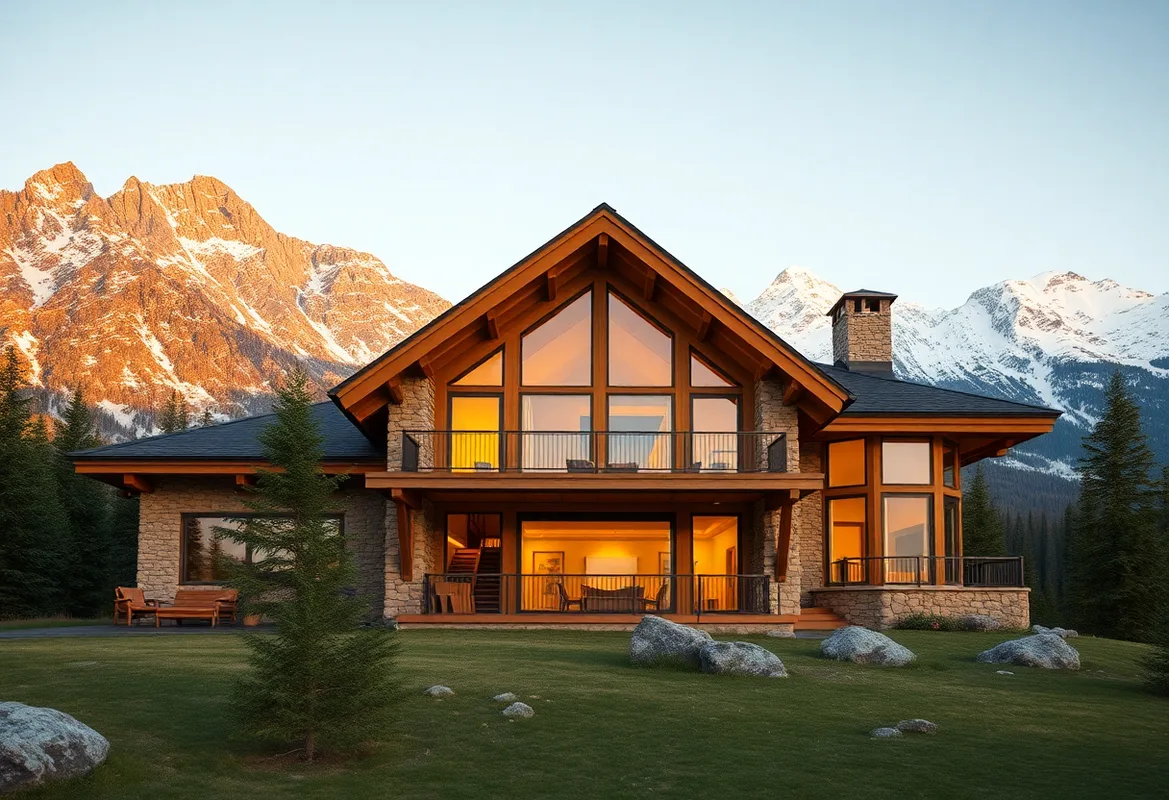Cozy mountain log cabin nestled among tall pine trees