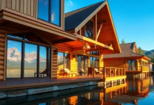 Modern Cabin Rentals - Warm wooden textures, vibrant greens of trees, and calm blue lake create a peaceful vibe for a relaxing getaway.