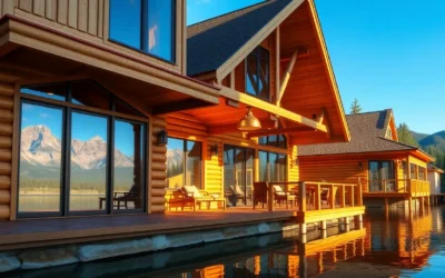 Modern Cabin Rentals - Warm wooden textures, vibrant greens of trees, and calm blue lake create a peaceful vibe for a relaxing getaway.