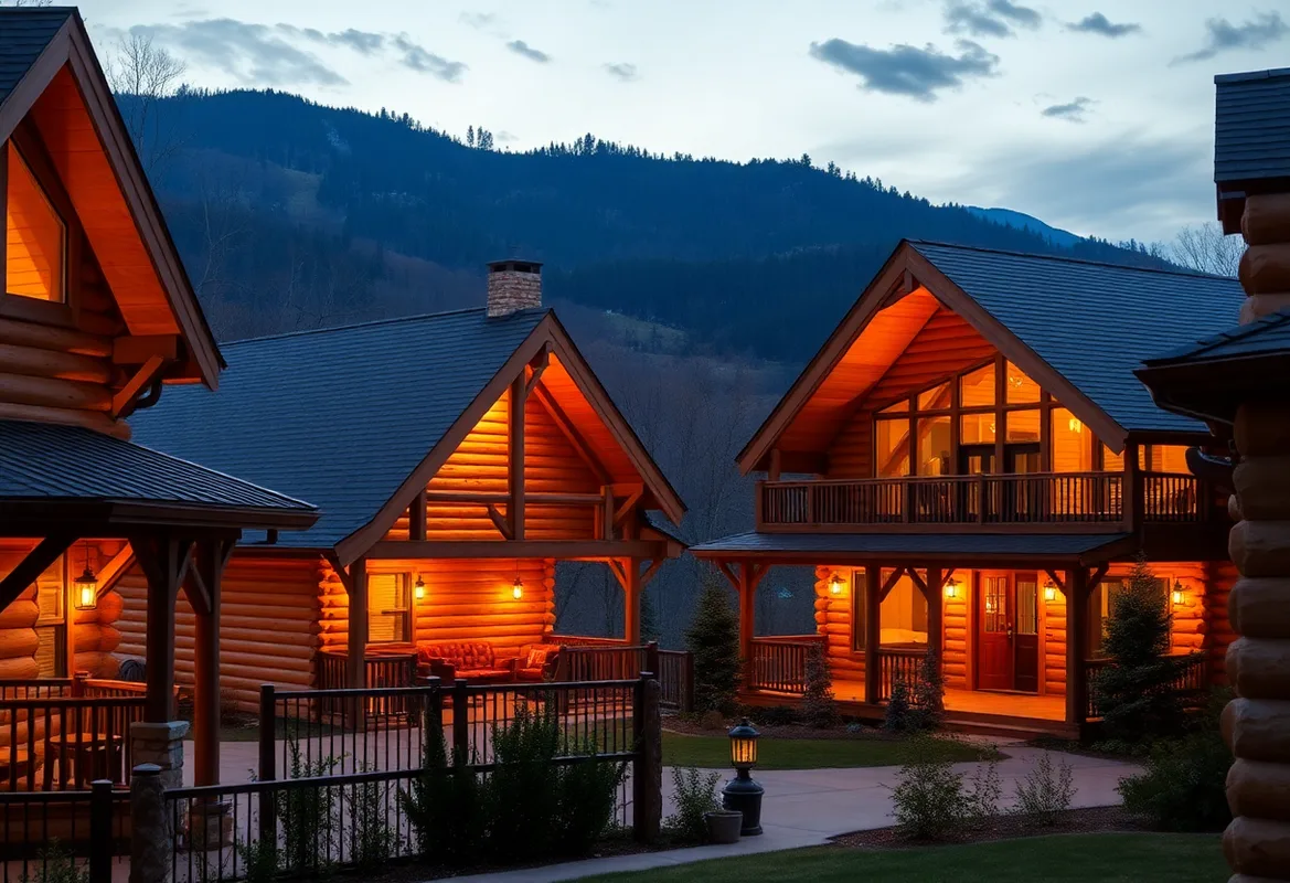 Cozy Great Smoky Mountains Cabins nestled among lush green trees.