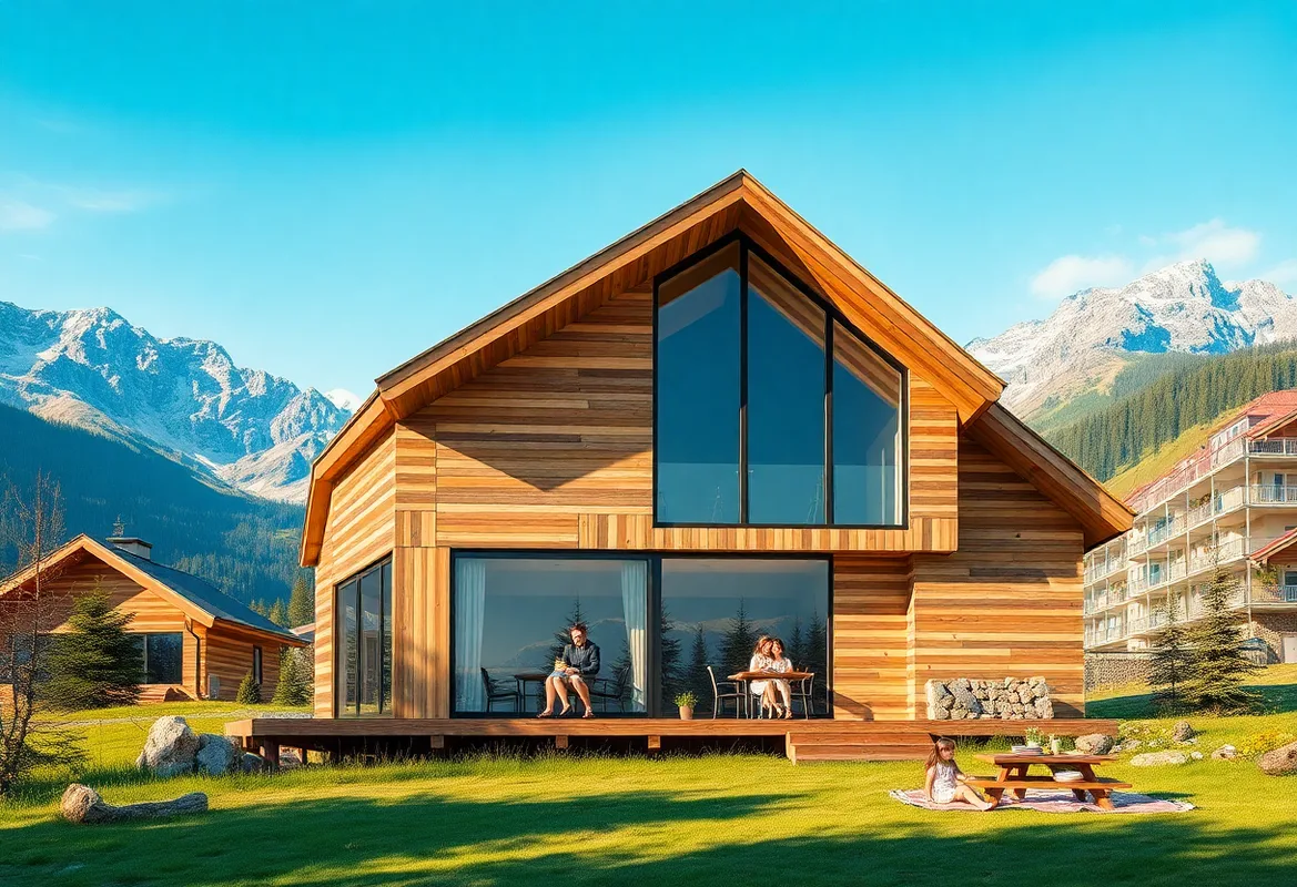 Cozy mountain cabin surrounded by lush greenery and family activities
