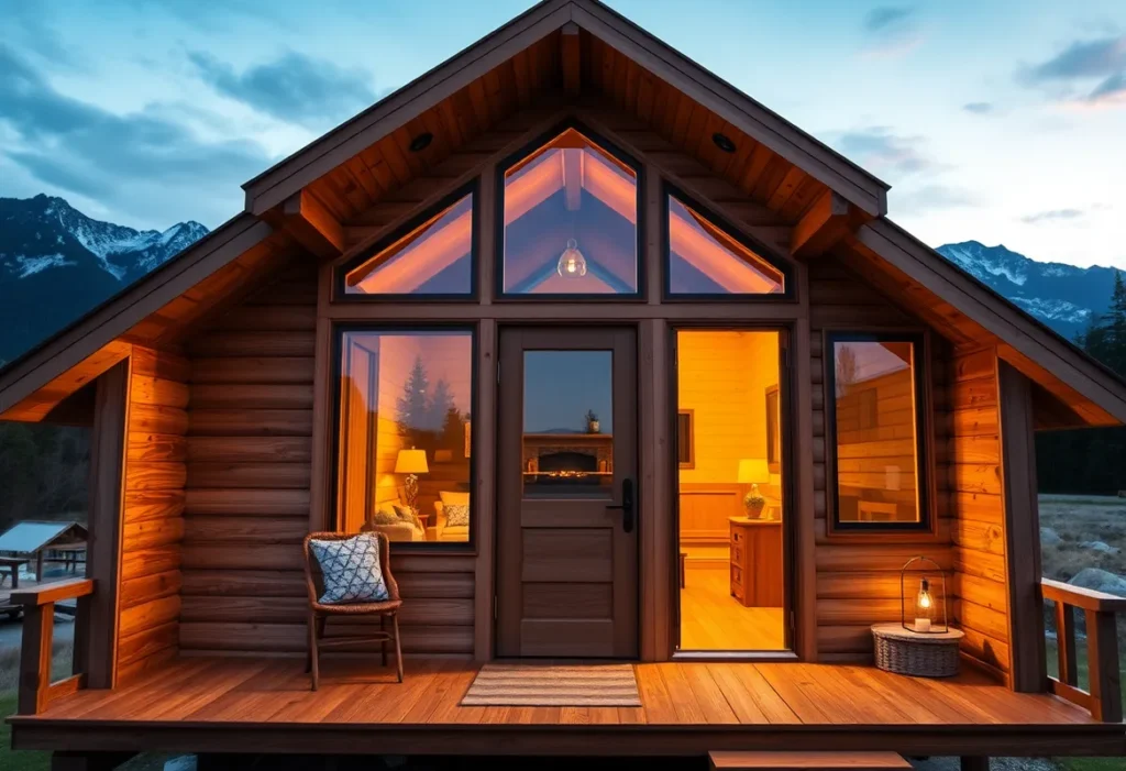 Tiny House Cabins - Warm wooden textures and earthy tones create a cozy, inviting vibe among the lush greenery and tranquil mountain backdrop.