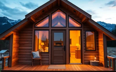 Tiny House Cabins - Warm wooden textures and earthy tones create a cozy, inviting vibe among the lush greenery and tranquil mountain backdrop.
