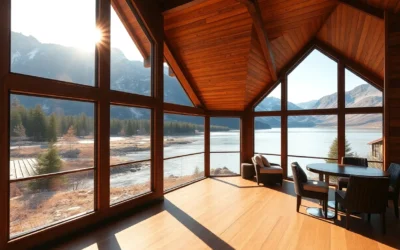 Lakefront Cabin Rentals - Breathtaking lake views with vibrant greens and warm wooden textures, creating a serene and cozy atmosphere for relaxation.