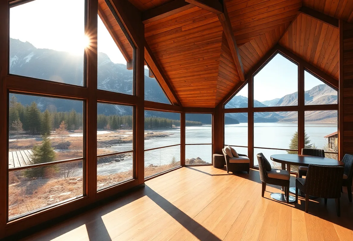 Scenic view of Lakefront Cabin Rentals surrounded by lush greenery.
