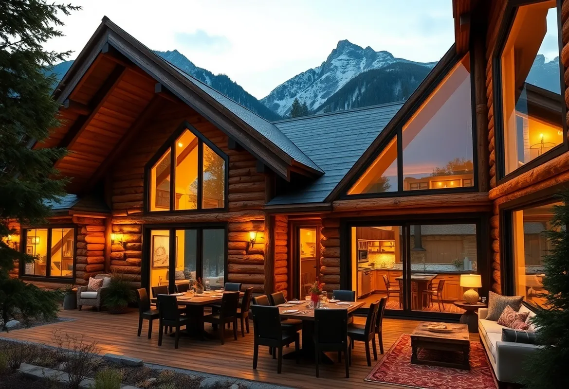 Cozy mountain cabin surrounded by lush trees and mountains.