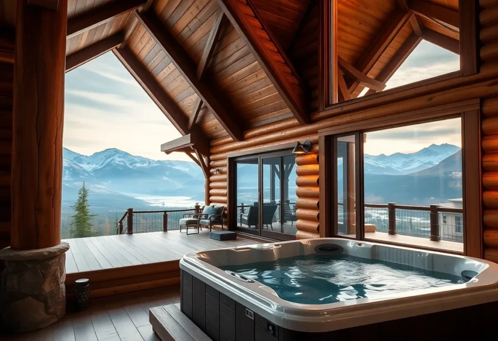 Mountain View Cabins - Warm wood tones and plush textiles create a cozy, inviting vibe amidst breathtaking mountain views and the soothing sound of bubbling hot tubs.