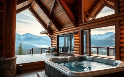 Mountain View Cabins - Warm wood tones and plush textiles create a cozy, inviting vibe amidst breathtaking mountain views and the soothing sound of bubbling hot tubs.