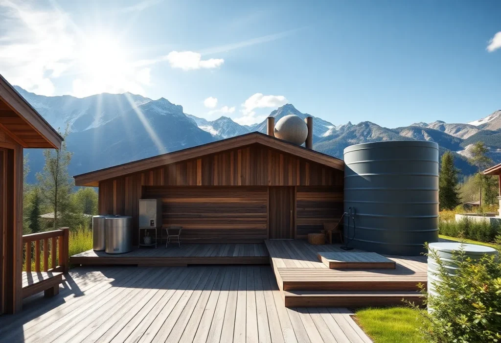 Off-Grid Cabins - Rustic wooden barrels glisten under sunlight, surrounded by lush greenery and vibrant wildflowers, evoking tranquility and connection to nature.