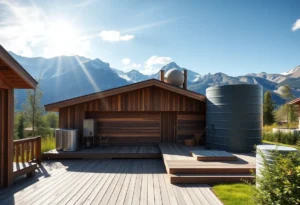 Off-Grid Cabins - Rustic wooden barrels glisten under sunlight, surrounded by lush greenery and vibrant wildflowers, evoking tranquility and connection to nature.