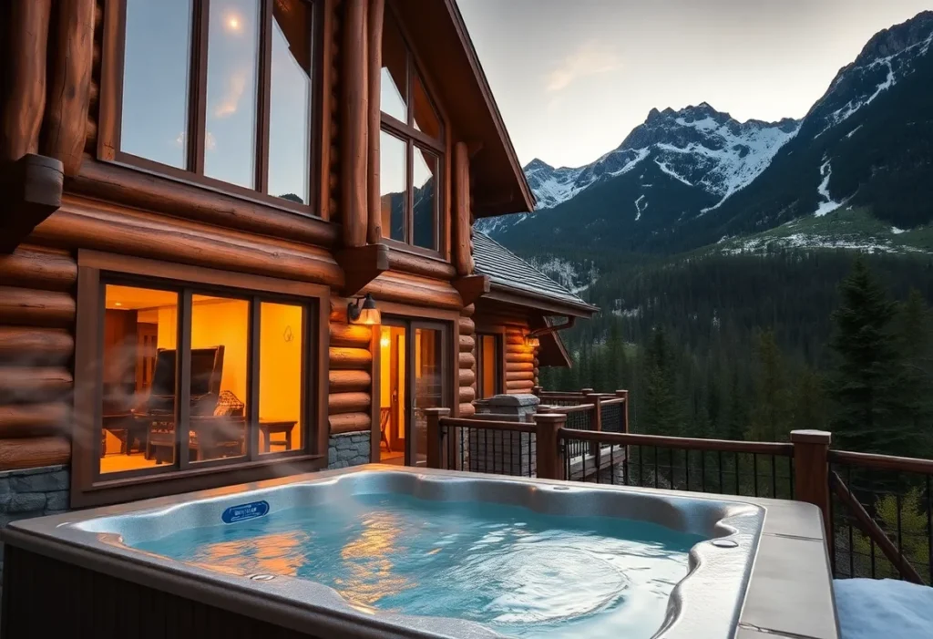 Cabins with Private Hot Tubs - Warm wooden tones, soft lighting, and inviting hot tub steam create a serene escape in nature's embrace.