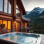 Cabins with Private Hot Tubs - Warm wooden tones, soft lighting, and inviting hot tub steam create a serene escape in nature's embrace.