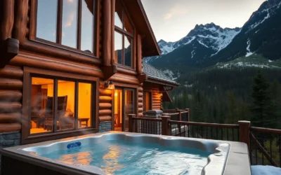 Cabins with Private Hot Tubs - Warm wooden tones, soft lighting, and inviting hot tub steam create a serene escape in nature's embrace.