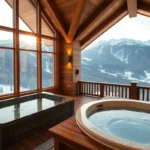 Cabins with Private Hot Tubs - Warm wooden textures and steam rising from clear water create a tranquil atmosphere, surrounded by lush green forests and majestic mountains.