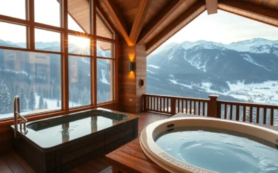 Cabins with Private Hot Tubs - Warm wooden textures and steam rising from clear water create a tranquil atmosphere, surrounded by lush green forests and majestic mountains.