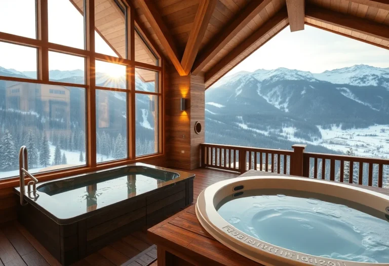 Cabins with Private Hot Tubs - Warm wooden textures and steam rising from clear water create a tranquil atmosphere, surrounded by lush green forests and majestic mountains.
