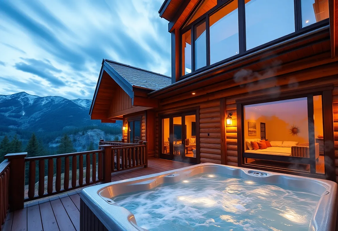 Relaxing hot tub on the deck of a mountain log cabin