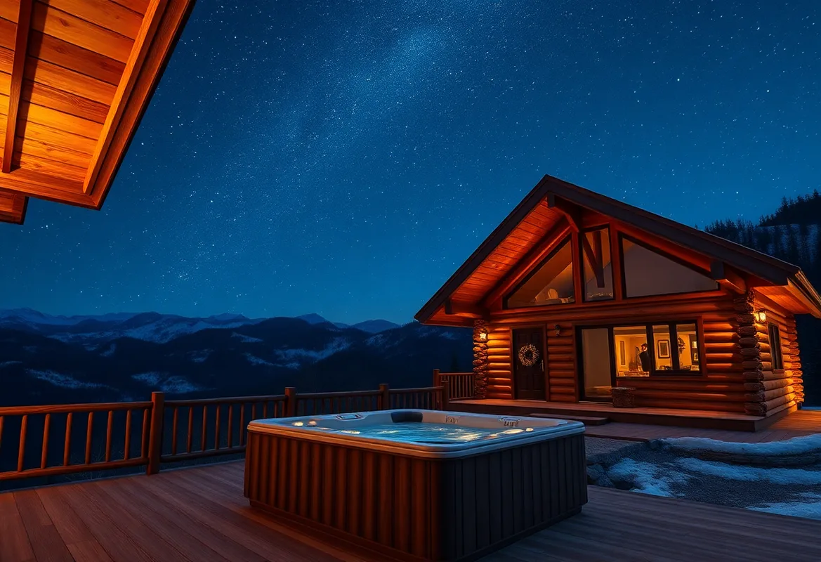 Cozy cabins with private hot tubs under a starlit sky