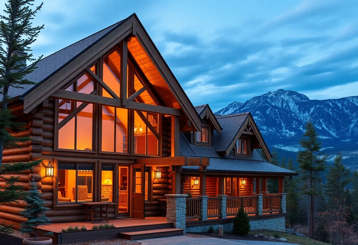 Luxury Mountain Cabins nestled among snow-capped peaks and pine trees