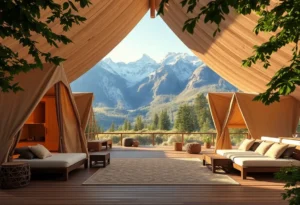 Luxury Glamping - Warm golden light filters through a canvas tent, highlighting plush bedding and rustic wooden accents, creating a cozy, inviting atmosphere.