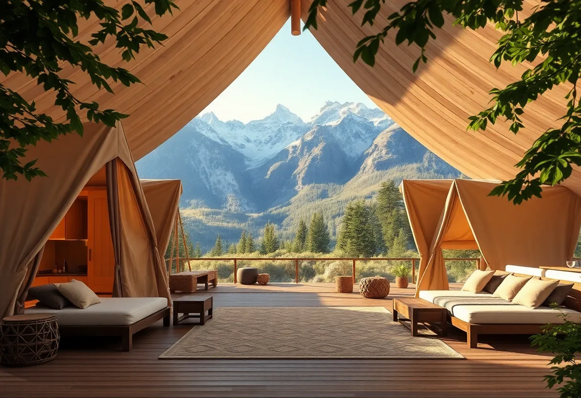 Luxury Glamping tent surrounded by nature in a stunning landscape.