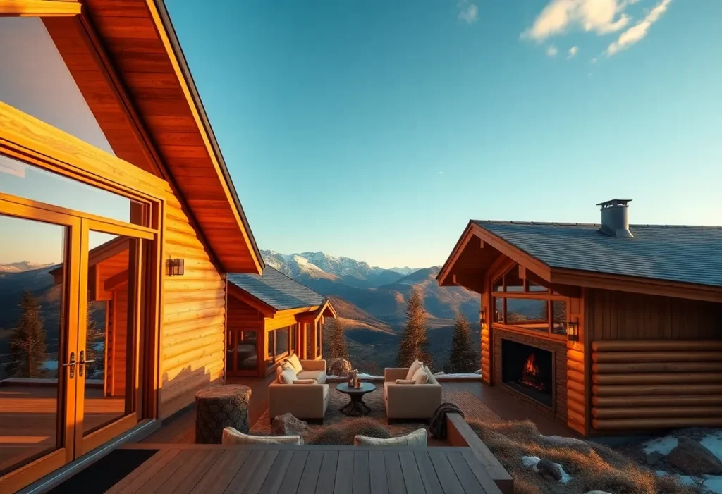 Hidden Airbnb Cabins - Golden rays of sunlight filter through pine trees, illuminating rustic wood textures and offering serene views of distant mountains.