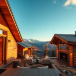 Hidden Airbnb Cabins - Golden rays of sunlight filter through pine trees, illuminating rustic wood textures and offering serene views of distant mountains.