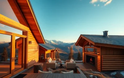 Hidden Airbnb Cabins - Golden rays of sunlight filter through pine trees, illuminating rustic wood textures and offering serene views of distant mountains.