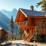 Winter Cabin Rentals - Cozy wooden cabins nestled in snow, surrounded by tall pines, creating a serene winter escape with warm, inviting colors.