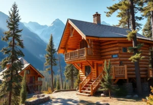 Winter Cabin Rentals - Cozy wooden cabins nestled in snow, surrounded by tall pines, creating a serene winter escape with warm, inviting colors.