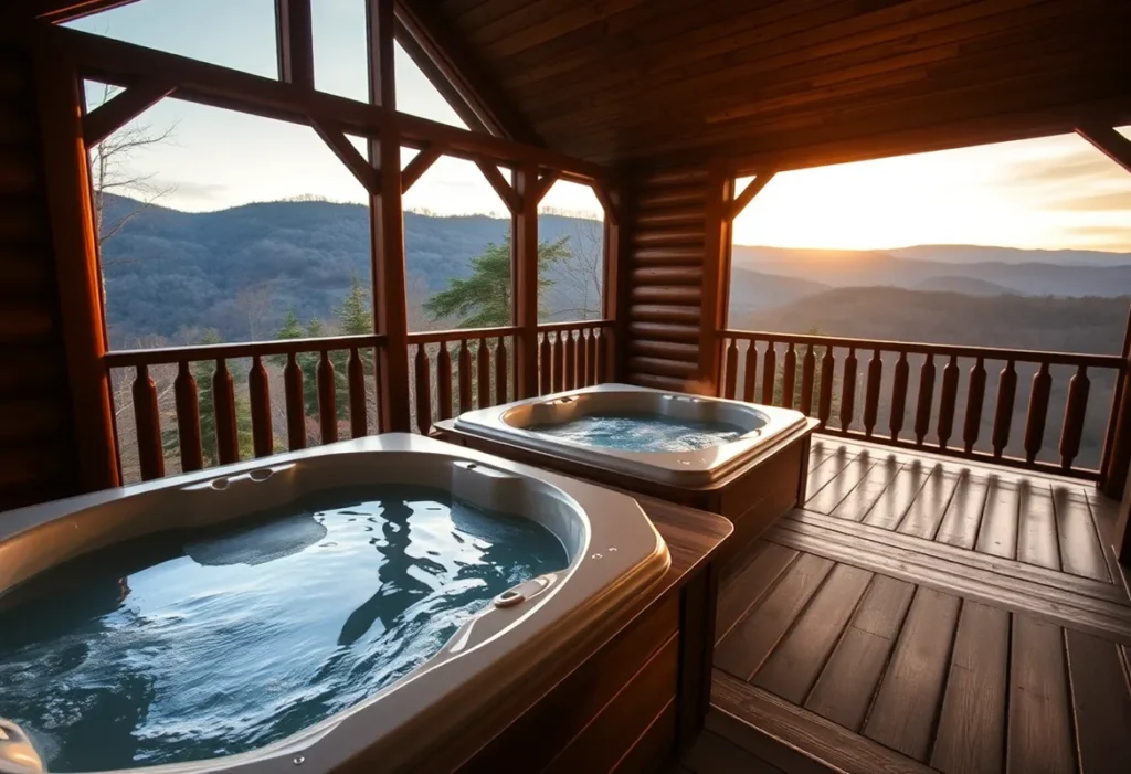 Romantic Cabins with Hot Tubs - Warm wooden textures and soft candlelight create a cozy, intimate atmosphere, complemented by the soothing steam rising from the hot tub.