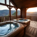 Romantic Cabins with Hot Tubs - Warm wooden textures and soft candlelight create a cozy, intimate atmosphere, complemented by the soothing steam rising from the hot tub.