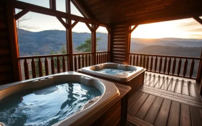Romantic Cabins with Hot Tubs - Warm wooden textures and soft candlelight create a cozy, intimate atmosphere, complemented by the soothing steam rising from the hot tub.