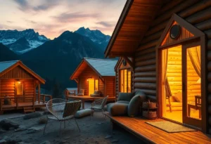 Warm wooden textures, soft glowing lights, and lush green surroundings create a tranquil, inviting atmosphere in the glamping cabins.