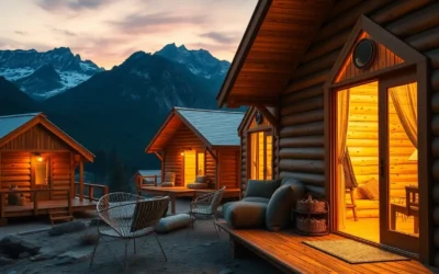 Warm wooden textures, soft glowing lights, and lush green surroundings create a tranquil, inviting atmosphere in the glamping cabins.