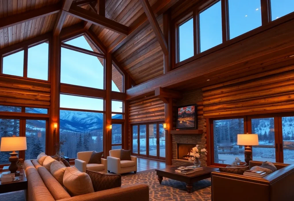 Warm wooden interiors, plush furnishings, and stunning mountain vistas create a cozy, inviting atmosphere in luxury mountain cabins.