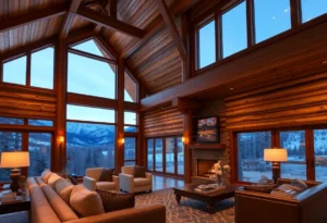 Warm wooden interiors, plush furnishings, and stunning mountain vistas create a cozy, inviting atmosphere in luxury mountain cabins.