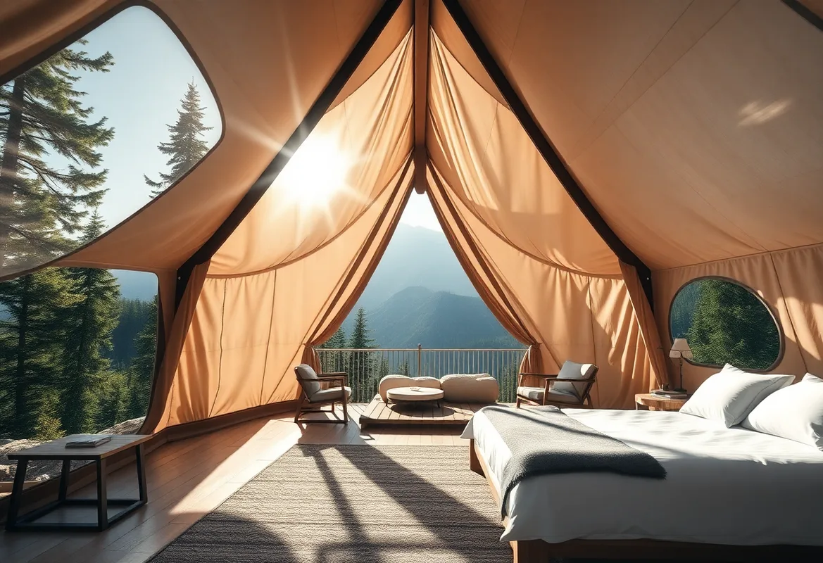 Luxury Glamping tents in a serene wilderness setting with nature.