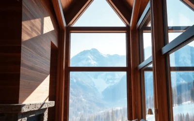 Luxury Cabin Resorts - Warm wooden textures, soft sunlight filtering through trees, breathtaking mountain vistas create a serene and inviting atmosphere.