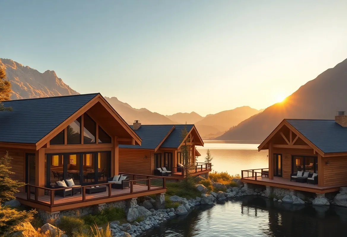 Luxury Lakefront Cabins nestled among trees and shimmering water