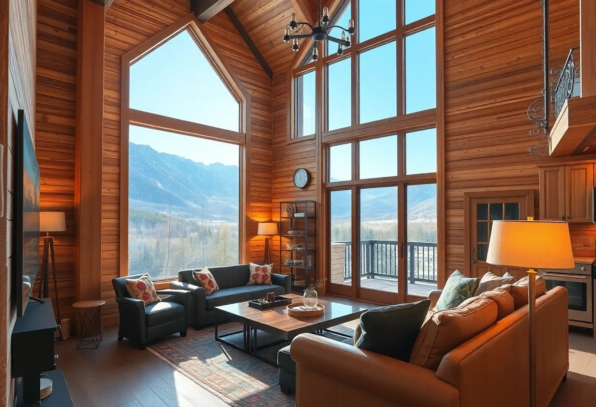 Cozy interior of glamping cabins with rustic furnishings and nature views